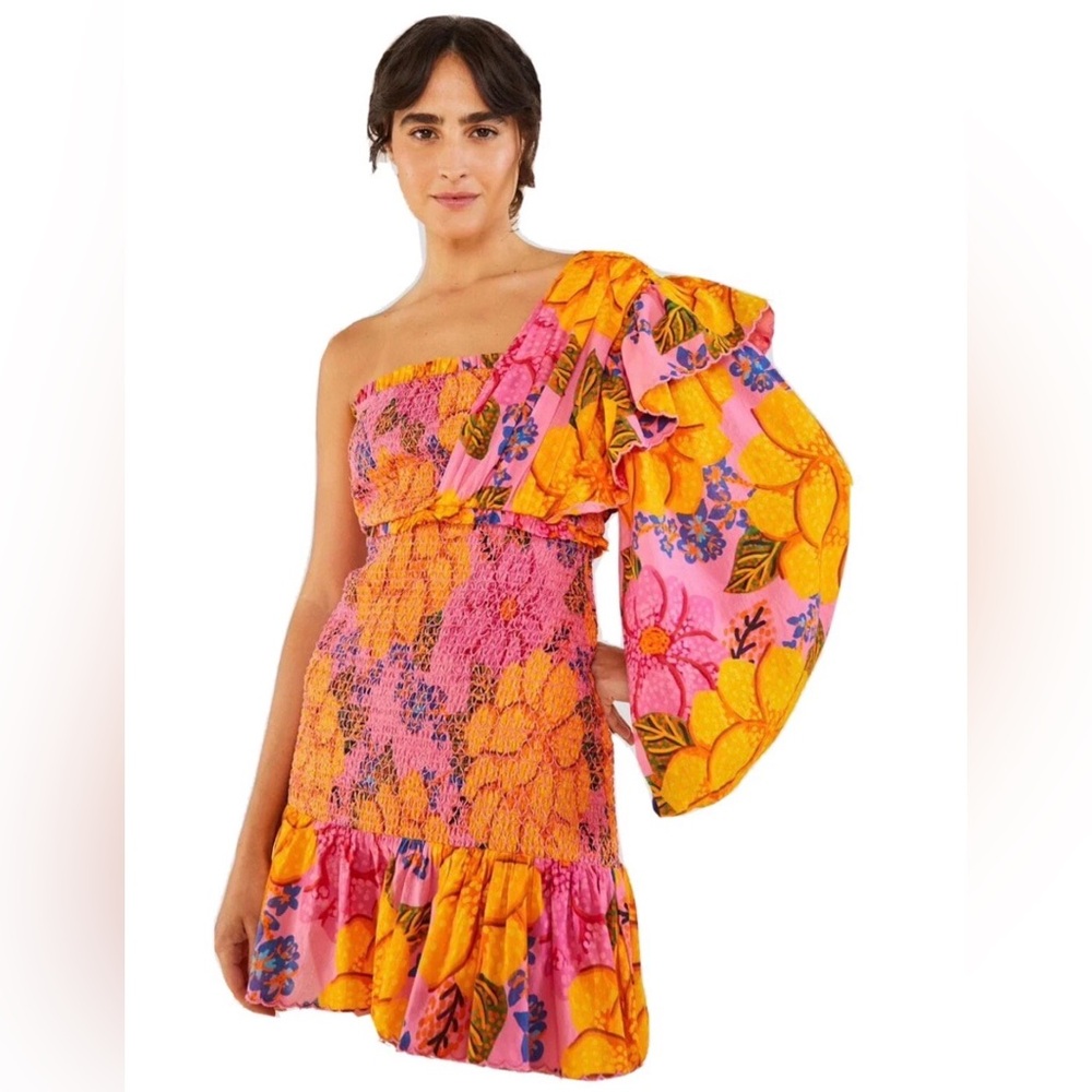 Farm Rio Flowers Garden One Shoulder Dress Smocked Mini‎ Dress Women's Size XS